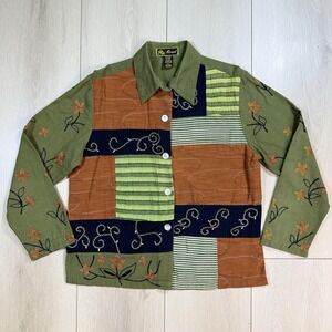 Y2K Boho Patchwork Embroidered Shirt‎ Jacket Mirasol Women M Linen Blend Top